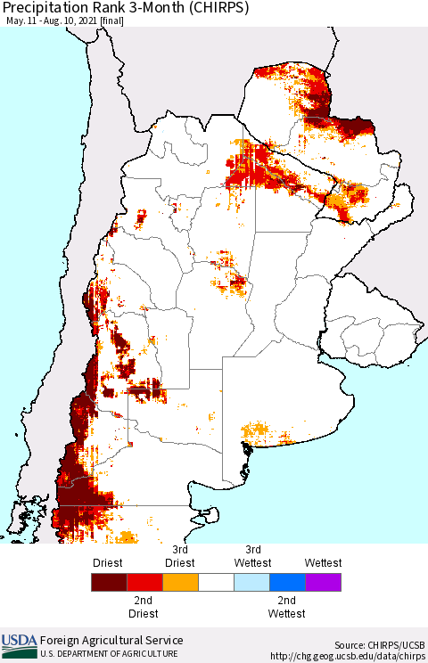 Southern South America Precipitation Rank since 1981, 3-Month (CHIRPS) Thematic Map For 5/11/2021 - 8/10/2021