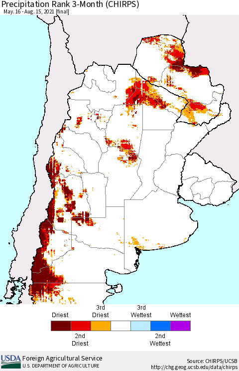 Southern South America Precipitation Rank 3-Month (CHIRPS) Thematic Map For 5/16/2021 - 8/15/2021