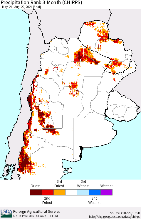Southern South America Precipitation Rank since 1981, 3-Month (CHIRPS) Thematic Map For 5/21/2021 - 8/20/2021