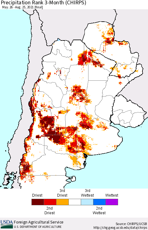 Southern South America Precipitation Rank since 1981, 3-Month (CHIRPS) Thematic Map For 5/26/2021 - 8/25/2021