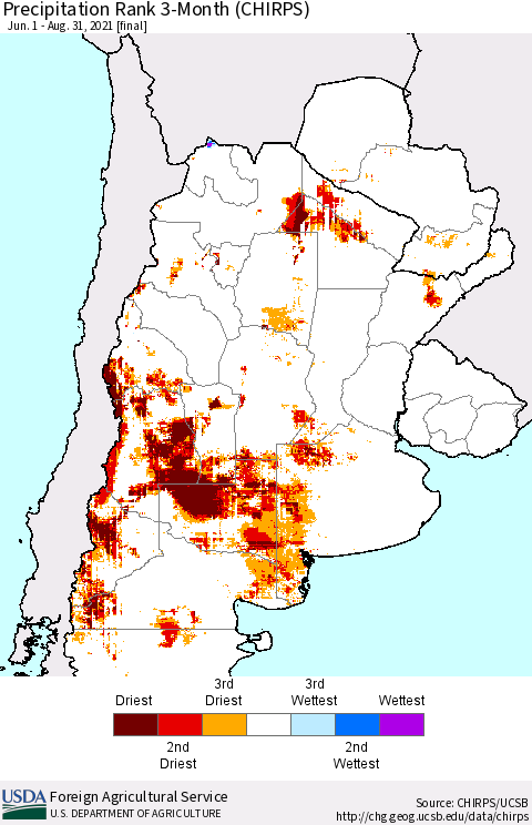 Southern South America Precipitation Rank since 1981, 3-Month (CHIRPS) Thematic Map For 6/1/2021 - 8/31/2021