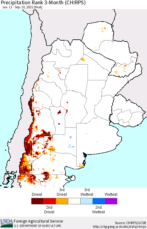 Southern South America Precipitation Rank since 1981, 3-Month (CHIRPS) Thematic Map For 6/11/2021 - 9/10/2021