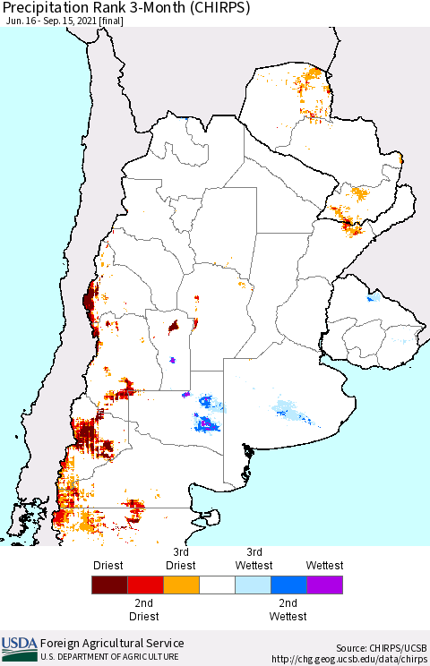 Southern South America Precipitation Rank 3-Month (CHIRPS) Thematic Map For 6/16/2021 - 9/15/2021