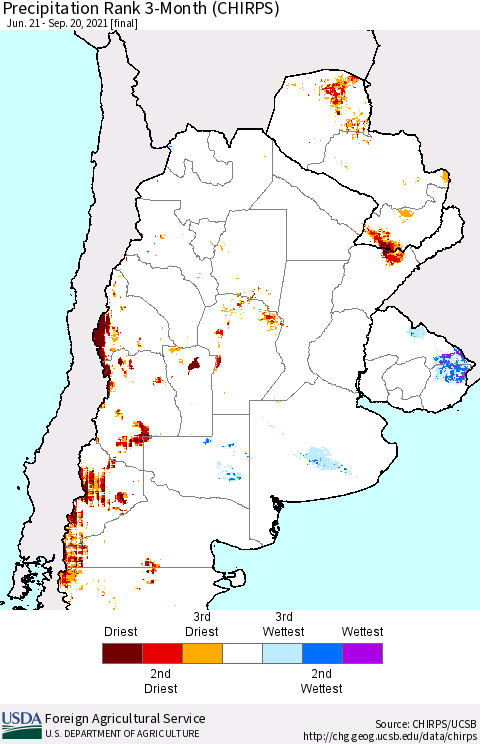 Southern South America Precipitation Rank 3-Month (CHIRPS) Thematic Map For 6/21/2021 - 9/20/2021