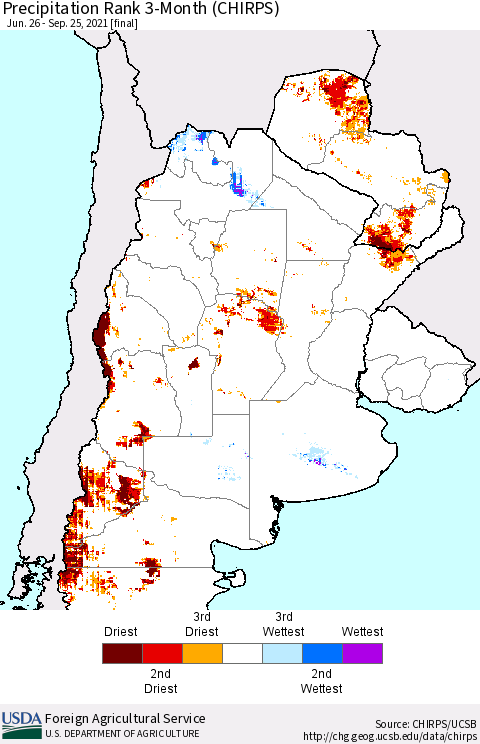 Southern South America Precipitation Rank 3-Month (CHIRPS) Thematic Map For 6/26/2021 - 9/25/2021