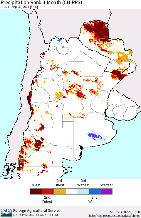 Southern South America Precipitation Rank 3-Month (CHIRPS) Thematic Map For 7/1/2021 - 9/30/2021