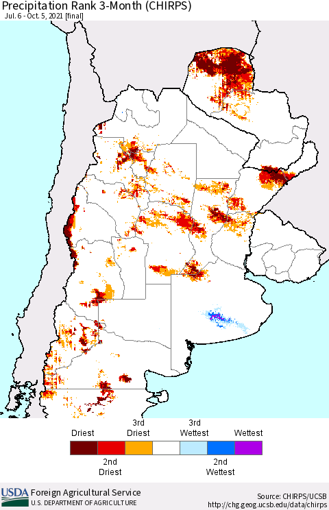 Southern South America Precipitation Rank 3-Month (CHIRPS) Thematic Map For 7/6/2021 - 10/5/2021