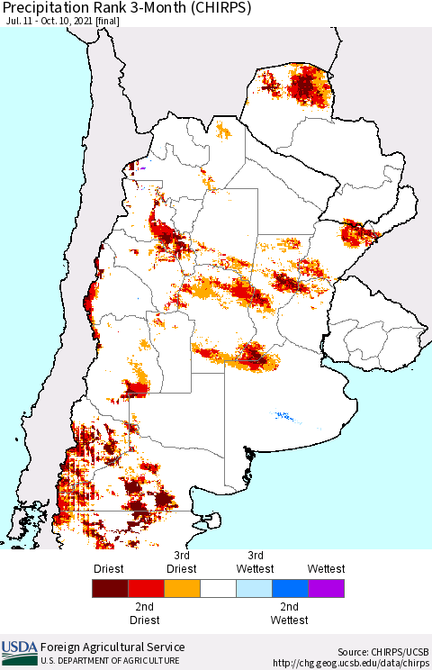 Southern South America Precipitation Rank 3-Month (CHIRPS) Thematic Map For 7/11/2021 - 10/10/2021