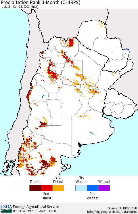 Southern South America Precipitation Rank 3-Month (CHIRPS) Thematic Map For 7/16/2021 - 10/15/2021