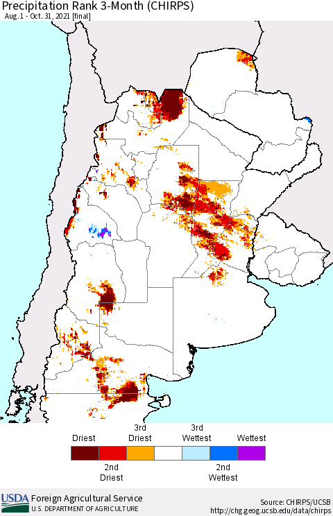Southern South America Precipitation Rank since 1981, 3-Month (CHIRPS) Thematic Map For 8/1/2021 - 10/31/2021