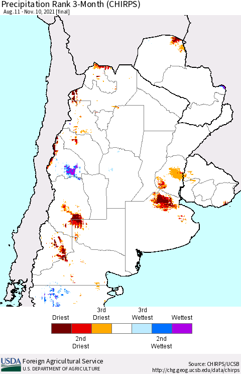 Southern South America Precipitation Rank 3-Month (CHIRPS) Thematic Map For 8/11/2021 - 11/10/2021