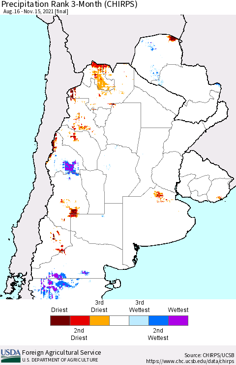 Southern South America Precipitation Rank 3-Month (CHIRPS) Thematic Map For 8/16/2021 - 11/15/2021