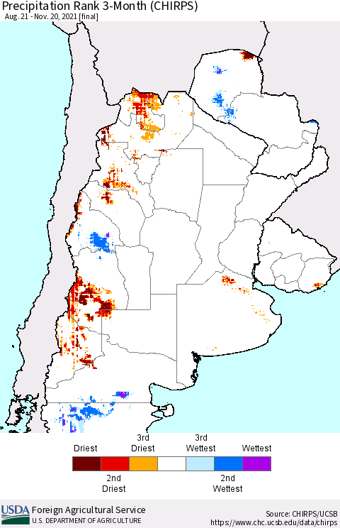 Southern South America Precipitation Rank 3-Month (CHIRPS) Thematic Map For 8/21/2021 - 11/20/2021
