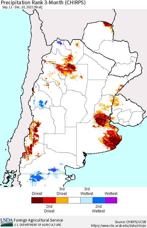 Southern South America Precipitation Rank 3-Month (CHIRPS) Thematic Map For 9/11/2021 - 12/10/2021
