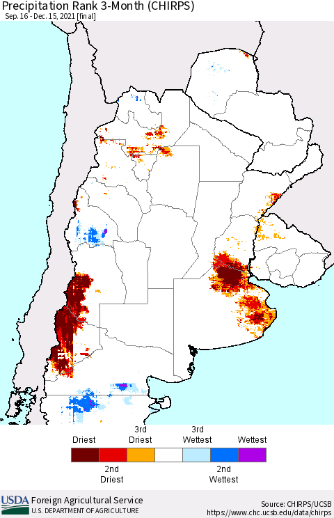 Southern South America Precipitation Rank 3-Month (CHIRPS) Thematic Map For 9/16/2021 - 12/15/2021