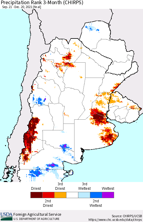 Southern South America Precipitation Rank 3-Month (CHIRPS) Thematic Map For 9/21/2021 - 12/20/2021