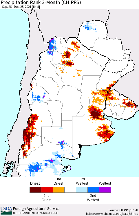 Southern South America Precipitation Rank 3-Month (CHIRPS) Thematic Map For 9/26/2021 - 12/25/2021