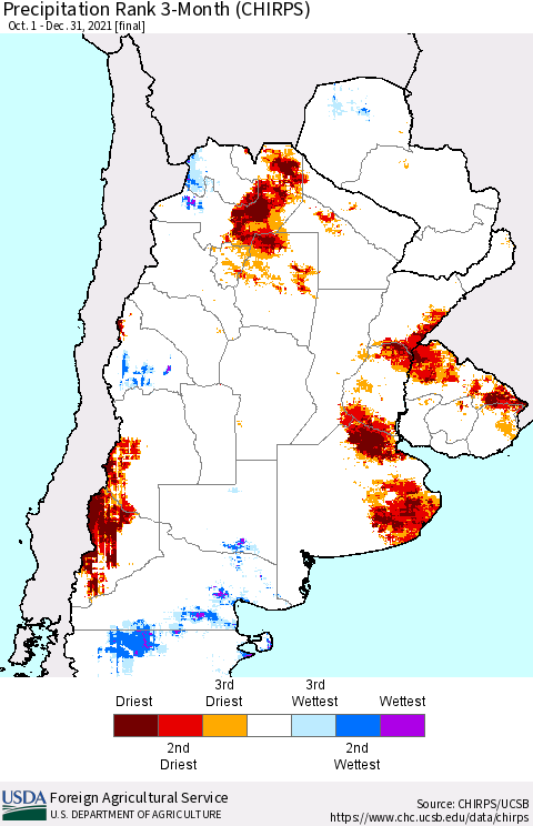 Southern South America Precipitation Rank 3-Month (CHIRPS) Thematic Map For 10/1/2021 - 12/31/2021