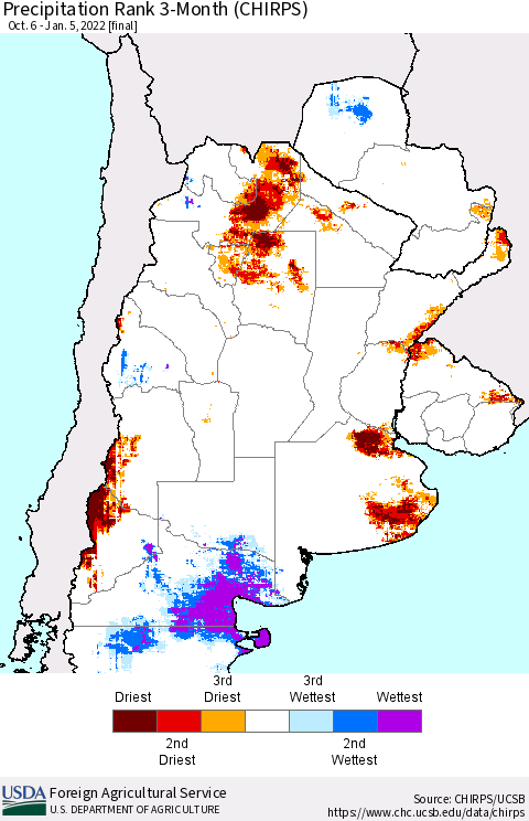 Southern South America Precipitation Rank since 1981, 3-Month (CHIRPS) Thematic Map For 10/6/2021 - 1/5/2022