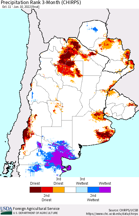 Southern South America Precipitation Rank since 1981, 3-Month (CHIRPS) Thematic Map For 10/11/2021 - 1/10/2022