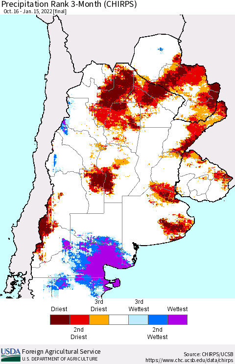 Southern South America Precipitation Rank 3-Month (CHIRPS) Thematic Map For 10/16/2021 - 1/15/2022