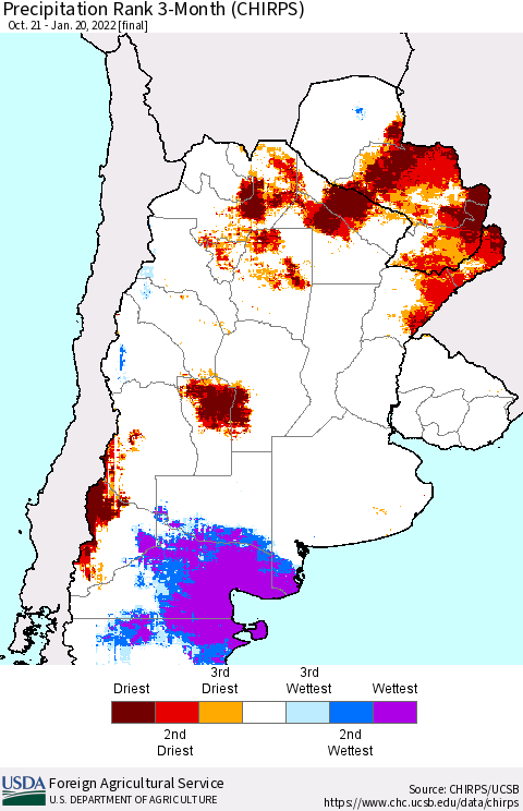 Southern South America Precipitation Rank since 1981, 3-Month (CHIRPS) Thematic Map For 10/21/2021 - 1/20/2022