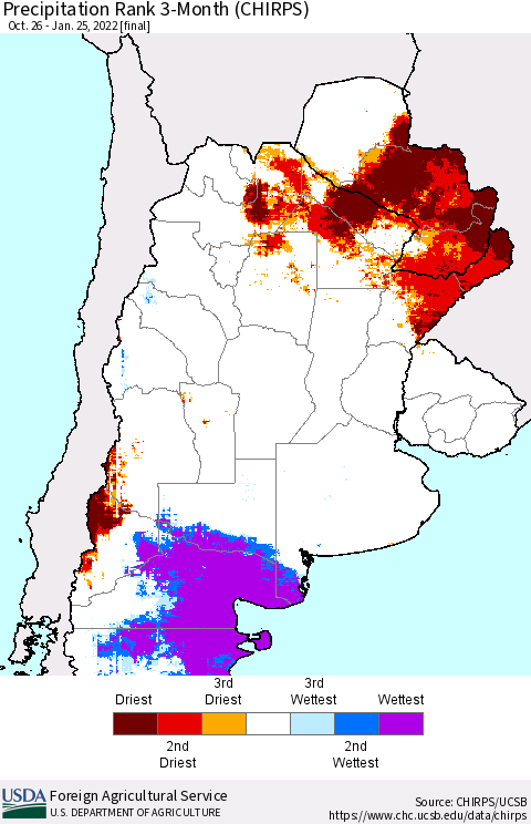 Southern South America Precipitation Rank 3-Month (CHIRPS) Thematic Map For 10/26/2021 - 1/25/2022