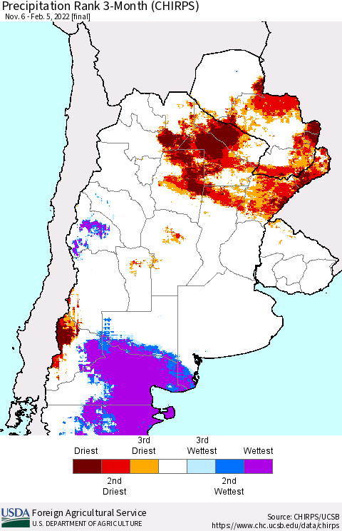 Southern South America Precipitation Rank 3-Month (CHIRPS) Thematic Map For 11/6/2021 - 2/5/2022