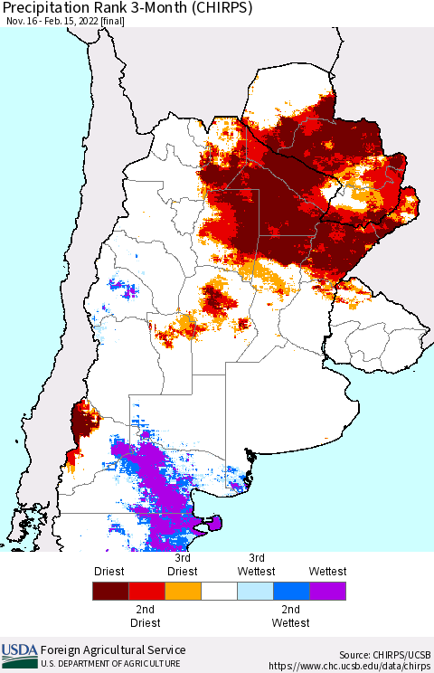 Southern South America Precipitation Rank since 1981, 3-Month (CHIRPS) Thematic Map For 11/16/2021 - 2/15/2022