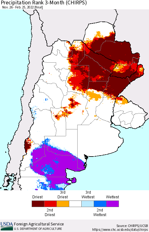 Southern South America Precipitation Rank 3-Month (CHIRPS) Thematic Map For 11/26/2021 - 2/25/2022
