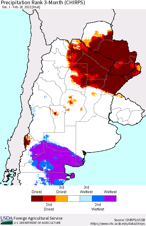 Southern South America Precipitation Rank 3-Month (CHIRPS) Thematic Map For 12/1/2021 - 2/28/2022