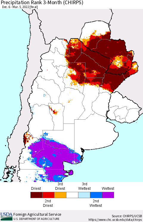 Southern South America Precipitation Rank 3-Month (CHIRPS) Thematic Map For 12/6/2021 - 3/5/2022