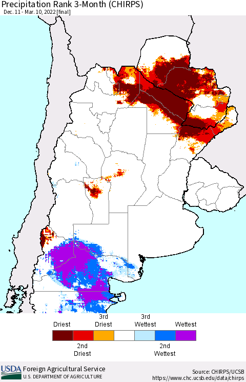 Southern South America Precipitation Rank 3-Month (CHIRPS) Thematic Map For 12/11/2021 - 3/10/2022