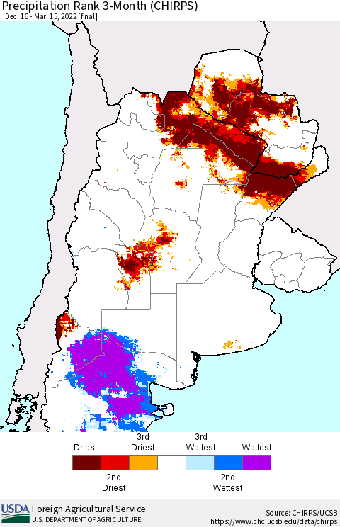 Southern South America Precipitation Rank 3-Month (CHIRPS) Thematic Map For 12/16/2021 - 3/15/2022