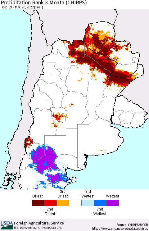 Southern South America Precipitation Rank 3-Month (CHIRPS) Thematic Map For 12/21/2021 - 3/20/2022