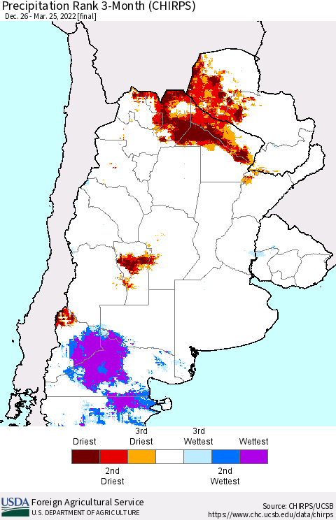 Southern South America Precipitation Rank 3-Month (CHIRPS) Thematic Map For 12/26/2021 - 3/25/2022