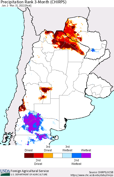 Southern South America Precipitation Rank since 1981, 3-Month (CHIRPS) Thematic Map For 1/1/2022 - 3/31/2022