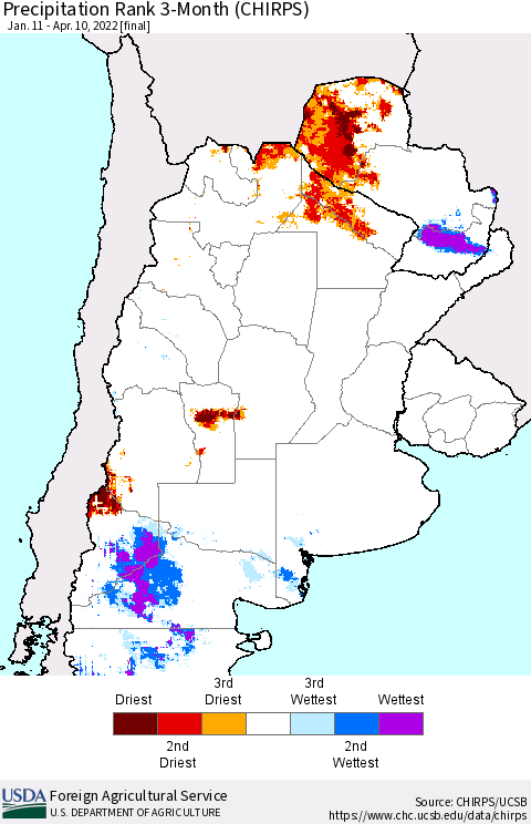 Southern South America Precipitation Rank since 1981, 3-Month (CHIRPS) Thematic Map For 1/11/2022 - 4/10/2022