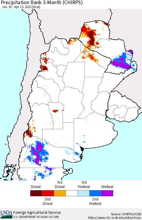 Southern South America Precipitation Rank 3-Month (CHIRPS) Thematic Map For 1/16/2022 - 4/15/2022