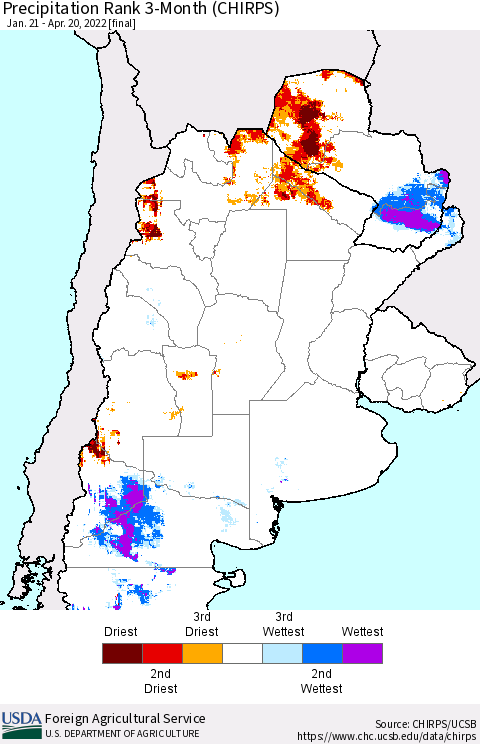 Southern South America Precipitation Rank 3-Month (CHIRPS) Thematic Map For 1/21/2022 - 4/20/2022