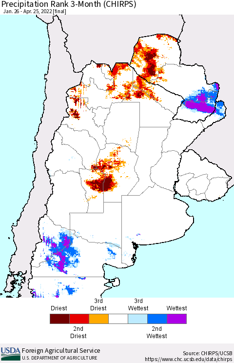Southern South America Precipitation Rank 3-Month (CHIRPS) Thematic Map For 1/26/2022 - 4/25/2022
