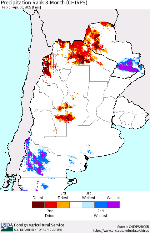 Southern South America Precipitation Rank since 1981, 3-Month (CHIRPS) Thematic Map For 2/1/2022 - 4/30/2022