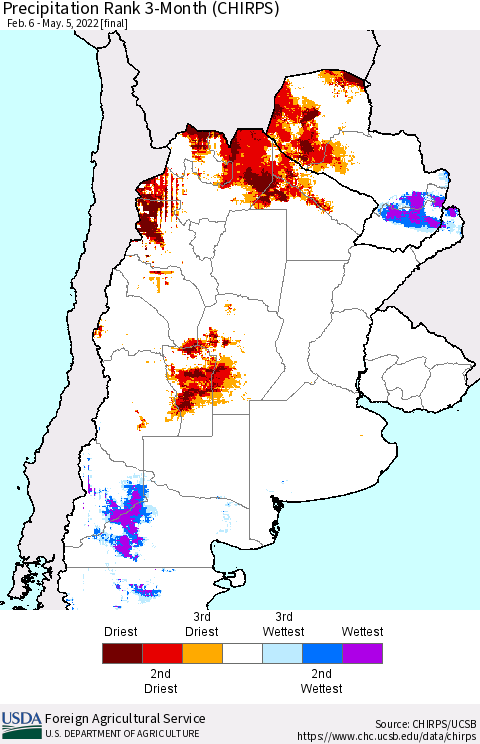 Southern South America Precipitation Rank since 1981, 3-Month (CHIRPS) Thematic Map For 2/6/2022 - 5/5/2022