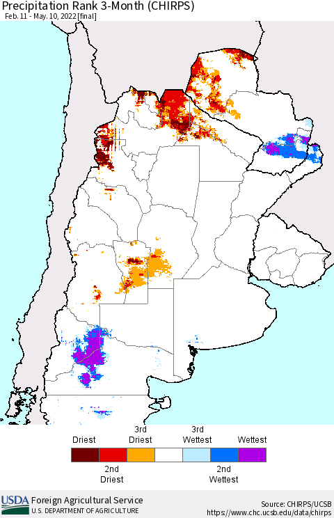 Southern South America Precipitation Rank 3-Month (CHIRPS) Thematic Map For 2/11/2022 - 5/10/2022