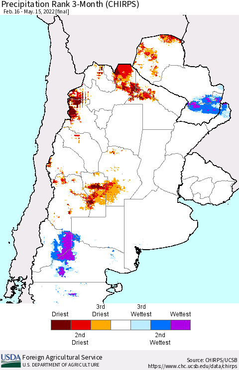 Southern South America Precipitation Rank 3-Month (CHIRPS) Thematic Map For 2/16/2022 - 5/15/2022