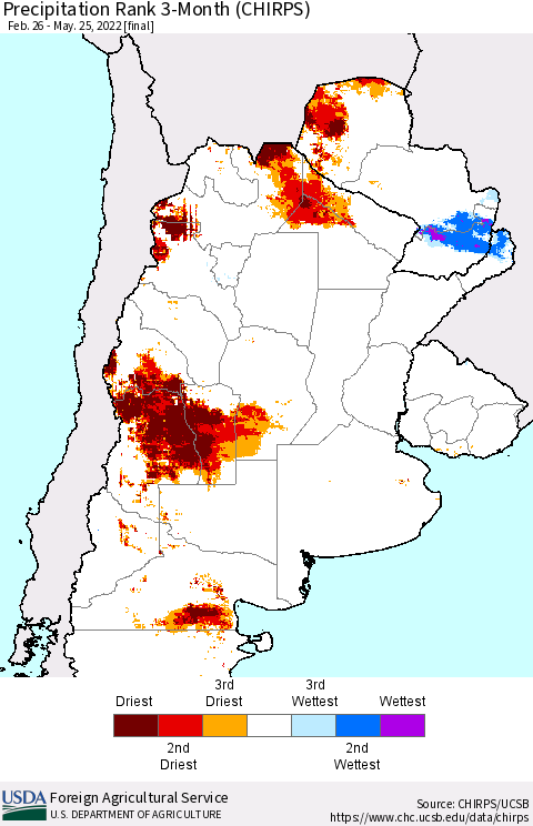 Southern South America Precipitation Rank since 1981, 3-Month (CHIRPS) Thematic Map For 2/26/2022 - 5/25/2022