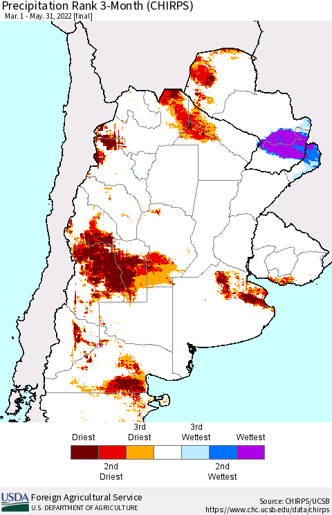 Southern South America Precipitation Rank 3-Month (CHIRPS) Thematic Map For 3/1/2022 - 5/31/2022