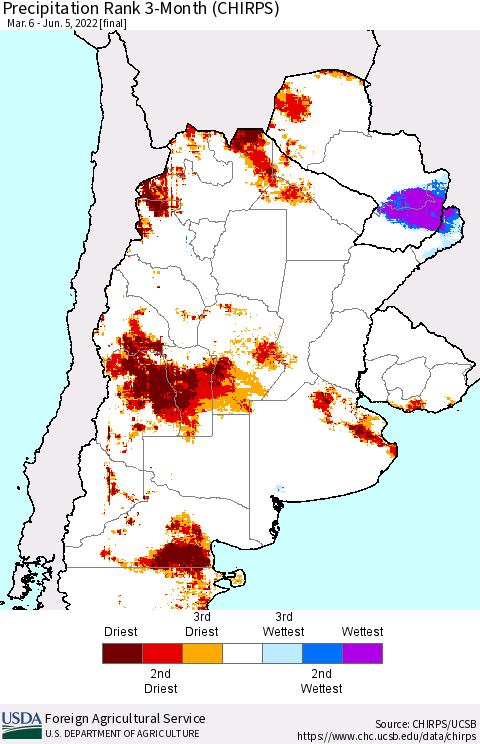 Southern South America Precipitation Rank 3-Month (CHIRPS) Thematic Map For 3/6/2022 - 6/5/2022