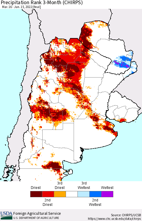 Southern South America Precipitation Rank 3-Month (CHIRPS) Thematic Map For 3/16/2022 - 6/15/2022