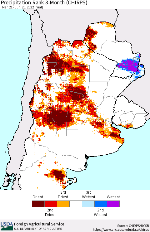Southern South America Precipitation Rank since 1981, 3-Month (CHIRPS) Thematic Map For 3/21/2022 - 6/20/2022